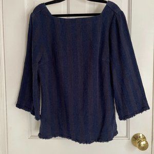 Trina Turk Navy-Brown Stripes Tweed  Top V Neck Back Fringe Trim XS 0